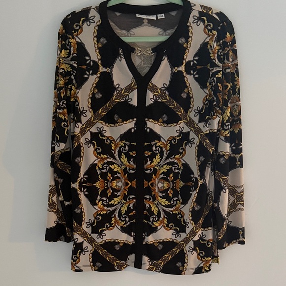 Susan Graver Tops - Susan Graver Black and Gold Patterned liquid knit tunic SZS Long sleeve.